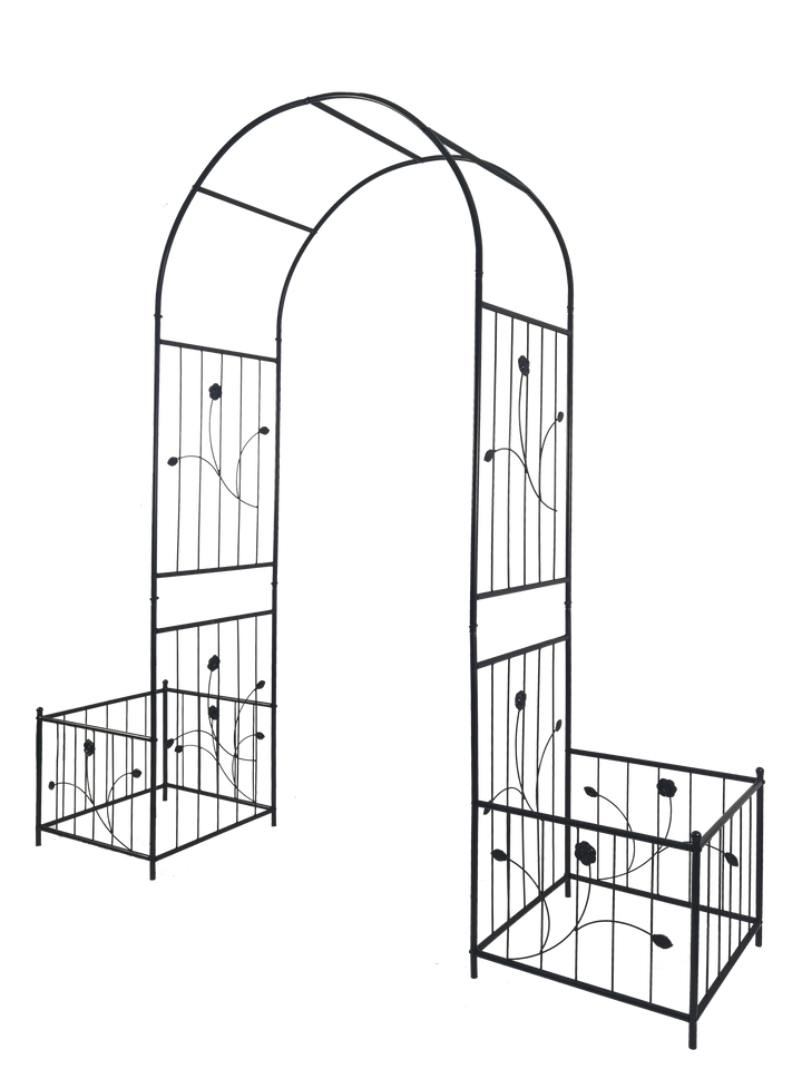 Metal Garden Arch with two plant stands 79.5'' Wide x 86.6'' High Climbing Plants Support Rose Arch Outdoor Black