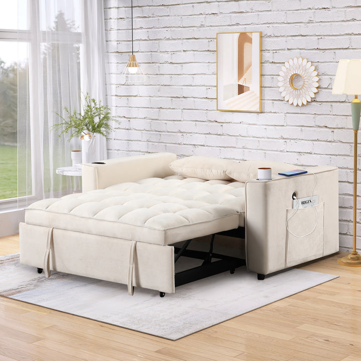 55.3" 4-1 Multi-functional Sofa Bed with Cup Holder and USB Port for Living Room or Apartments Milky White