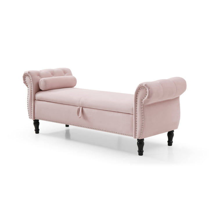 Aijia 63" Velvet Multifunctional Storage Rectangular Sofa Stool Buttons Tufted Nailhead Trimmed Solid Wood Legs with 1 Pillow,Light Pink