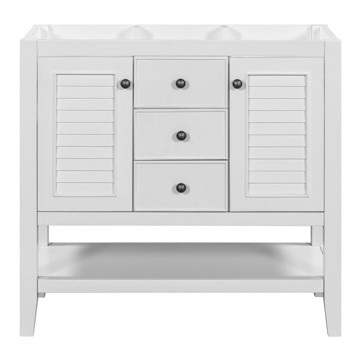 36" Bathroom Vanity without Sink, Cabinet Base Only, Two Cabinets and Drawers, Open Shelf, Solid Wood Frame, White