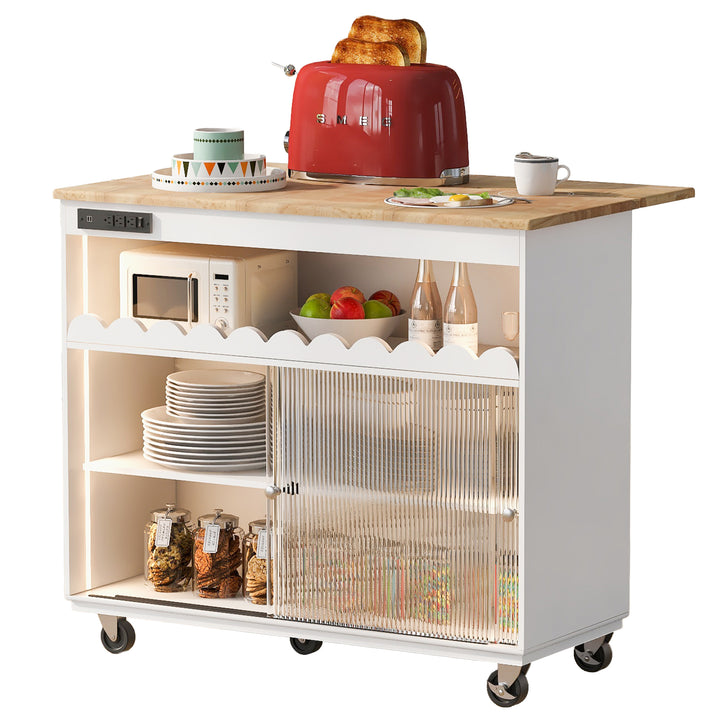 Kitchen Island with Drop Leaf, LED Light Kitchen Cart on Wheels with Power Outlets, 2 Sliding Fluted Glass Doors, Large Kitchen Island Cart with 2 Cabinet and 1 open Shelf (White)