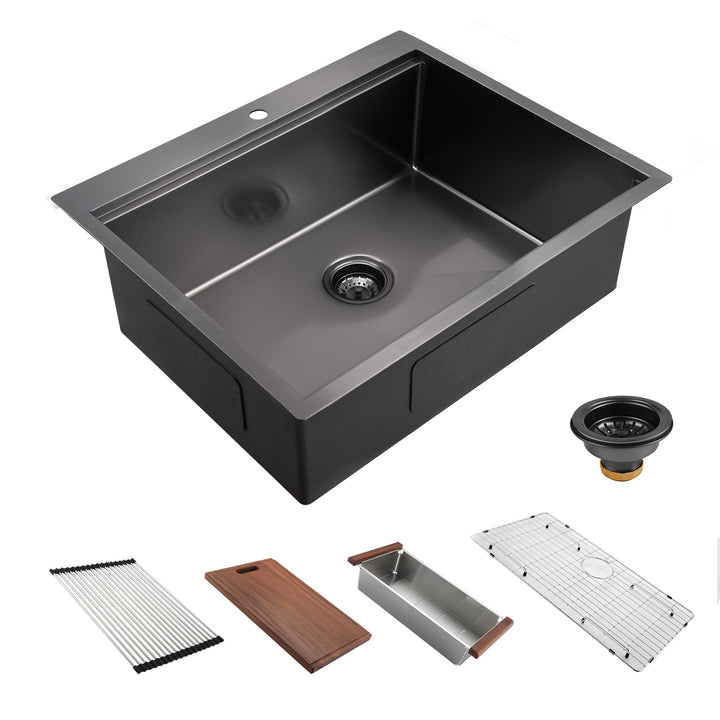 ADABABY 27" x 22" Drop In Kitchen Sink Gunmetal Black,  16 Gauge Stainless Steel Workstation Sink