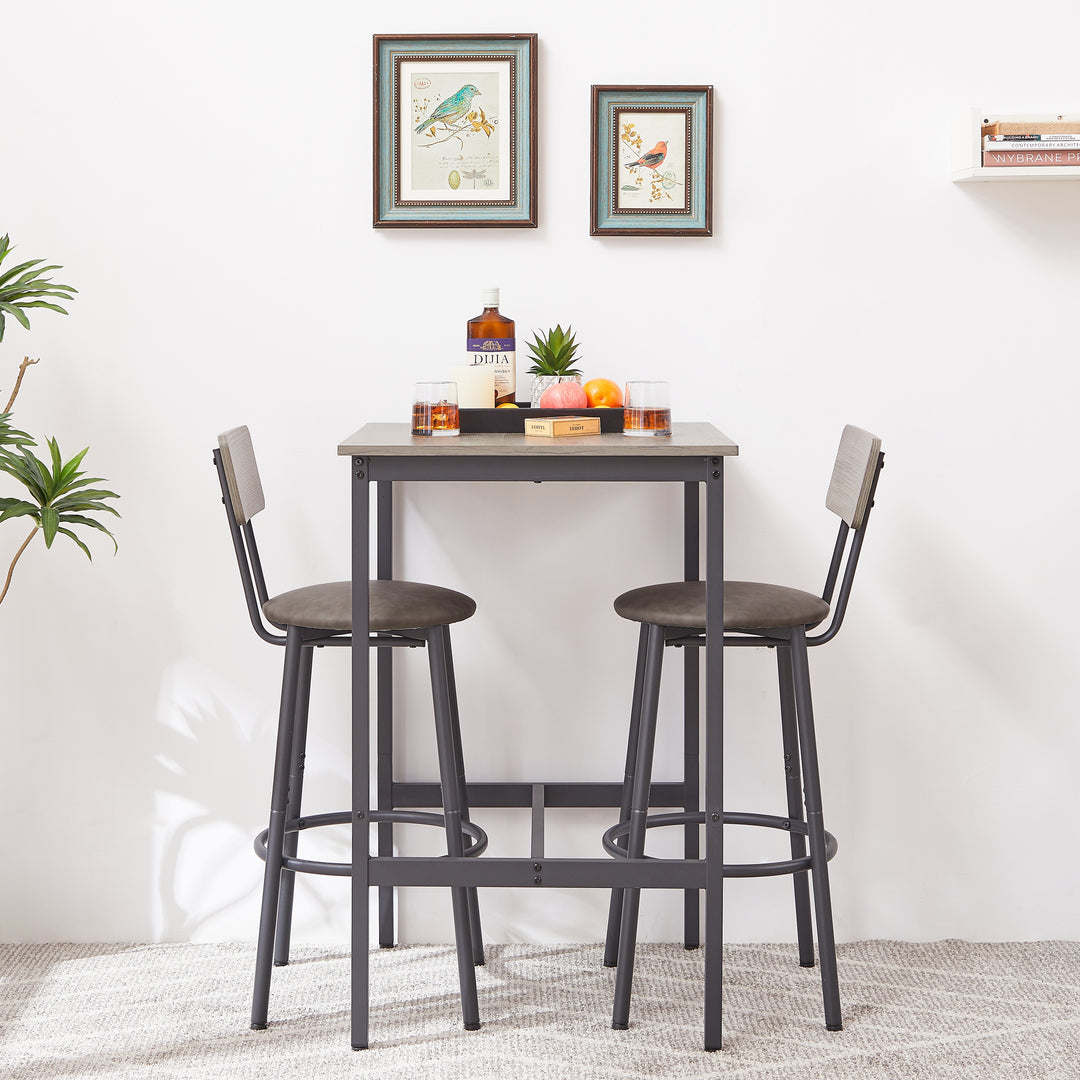 Bar Table Set with 2 Bar stools PU Soft seat with backrest, Grey, 23.62'' W x 23.62'' D x 35.43'' H