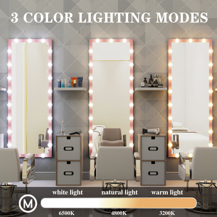 BEAUTME Hollywood Full Length Mirror with Lights Full Body Vanity Mirror with 3 Color Modes Wall Lighted  Standing Floor Mirror for Dressing Room Bedroom Hotel Touch Control Pink 62.6"x23.3"