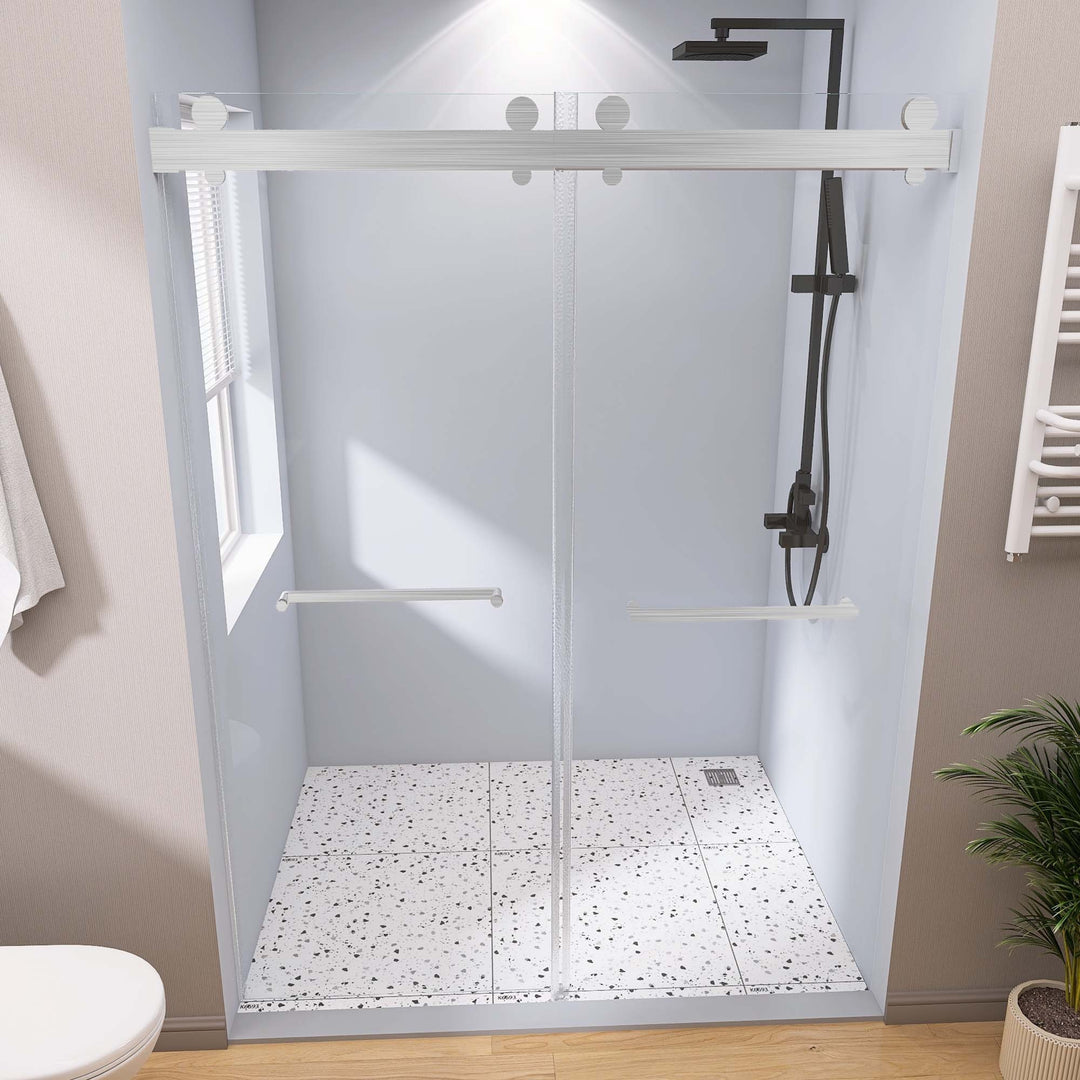 Frameless Double Sliding Shower, 57" - 60" Width, 79" Height, 3/8" (10 mm) Clear Tempered Glass, , Designed for Smooth Door with Clear Tempered Glass and Stainless Steel Hardware Brushed Nickel