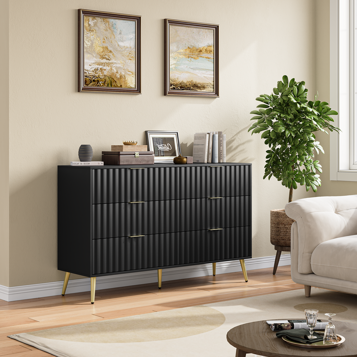 Black Modern 6 Drawers for Living Room for Hallway with Gold Handles Bedroom Chest of Drawers