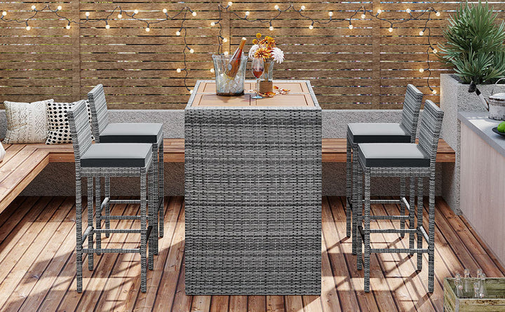 GO 5-pieces Outdoor Patio Wicker Bar Set, Bar Height Chairs With Non-Slip Feet And Fixed Rope, Removable Cushion, Acacia Wood Table Top, Brown Wood And Gray Wicker