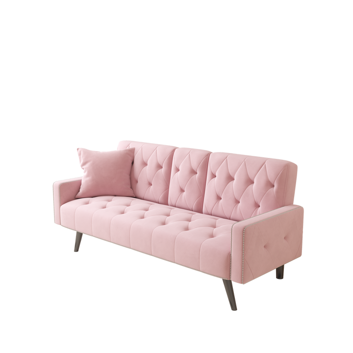 1730 Sofa Bed Armrest with Nail Head Trim with Two Cup Holders 72" Pink Velvet Sofa for Small Spaces