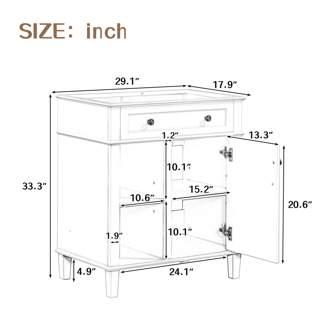 30" Bathroom Vanity without Sink, Bathroom Cabinet Base Only, Solid Wood and MDF Boards, White