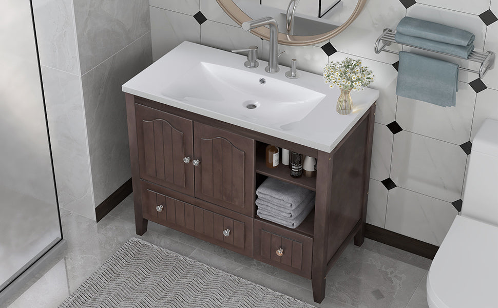 [VIDEO] 36" Bathroom Vanity with Ceramic Basin, Bathroom Storage Cabinet with Two Doors and Drawers, Solid Frame, Metal Handles, Brown (OLD SKU: JL000003AAD)