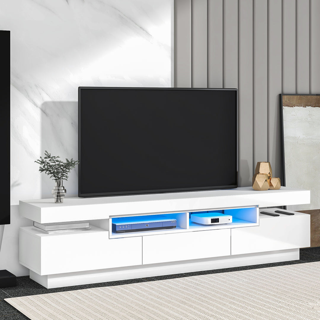 On-Trend TV Stand with 4 Open Shelves, Modern High Gloss Entertainment Center for 75 Inch TV, Universal TV Storage Cabinet with 16-color RGB LED Color Changing Lights, White