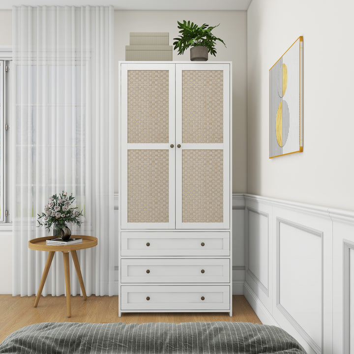 2-Door Wardrobe with 3 Drawers High Wardrobe  Armoire With 2 Rattan Door For Living Room, Bedroom Organizer