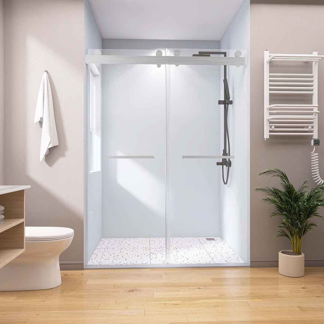 Frameless Double Sliding Shower, 57" - 60" Width, 79" Height, 3/8" (10 mm) Clear Tempered Glass, , Designed for Smooth Door with Clear Tempered Glass and Stainless Steel Hardware Brushed Nickel