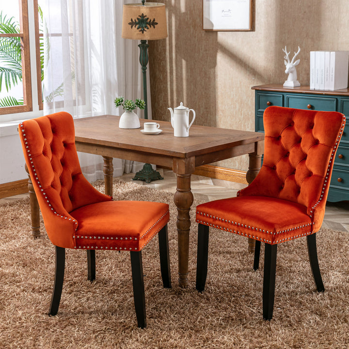 Nikki Collection Modern, High-end Tufted Solid Wood Contemporary Velvet Upholstered Dining Chair with Wood Legs Nailhead Trim 2-Pcs Set, Orange, SW2001OG