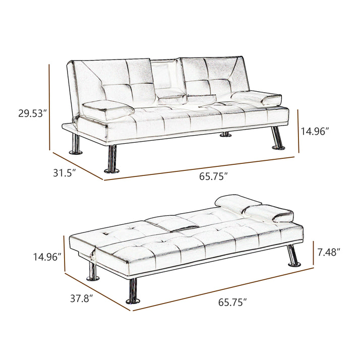 Black Faux Leather Loveseat Sofa Bed with Cup Holders , Convertible Folding Sleeper Couch Bed .