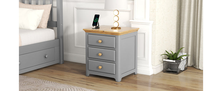 Wooden Nightstand with USB Charging Ports and Three Drawers,End Table for Bedroom,Gray+Natrual