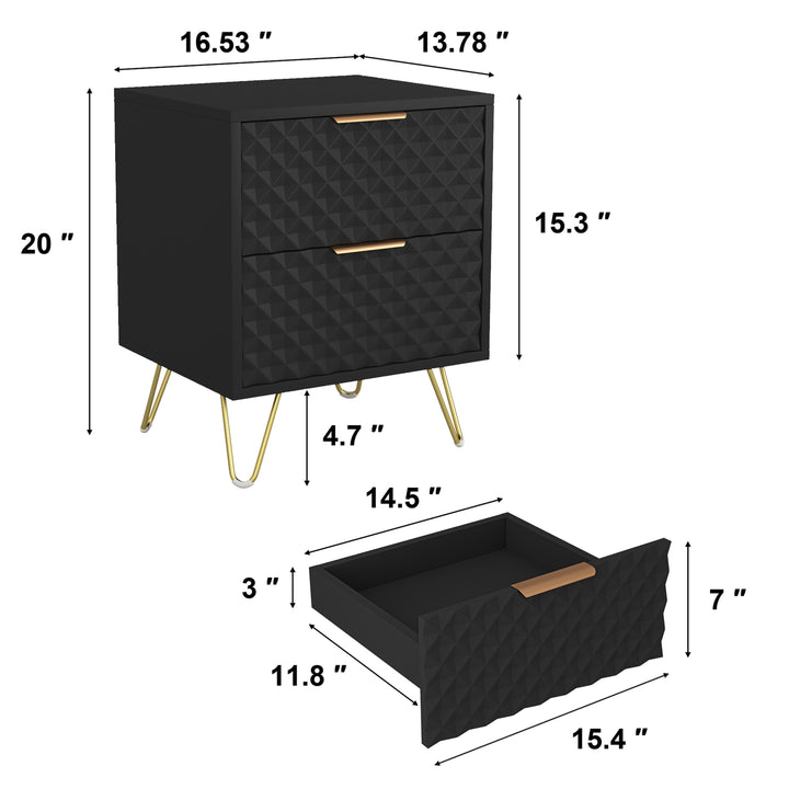 Black Nightstand Set of 2, End Side Table Double, Bedside Table with 2 Drawers, Dual Night Stand Metal Legs for Bedroom Living Room