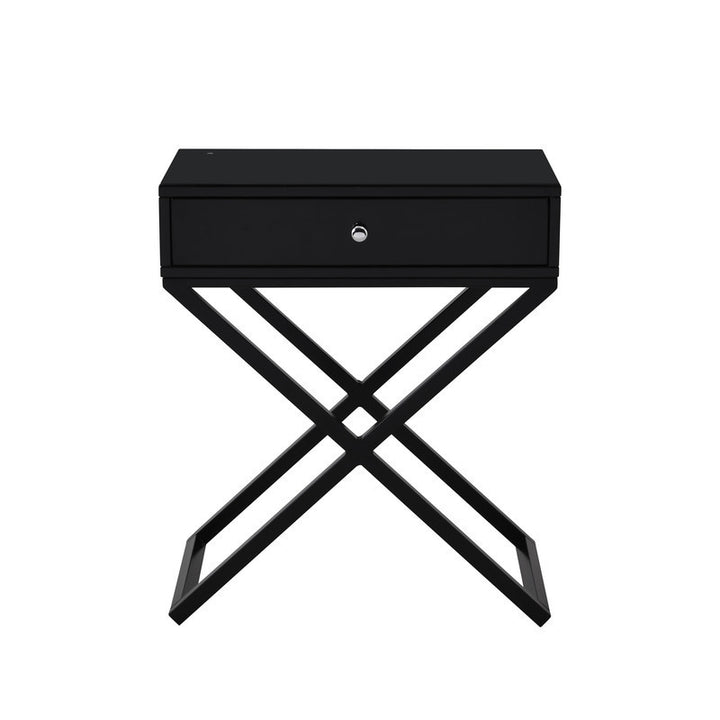 Koda 23" Black Wooden End Side Table Nightstand with Glass Top, Drawer and Metal Cross Base