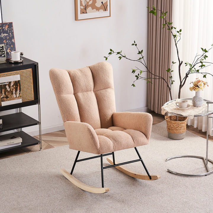 Rocking Chair Nursery, Solid Wood Legs Reading Chair with Teddy Fabric Upholstered , Nap Armchair for Living Rooms, Bedrooms, Offices, Best Gift,Nude Teddy fabric