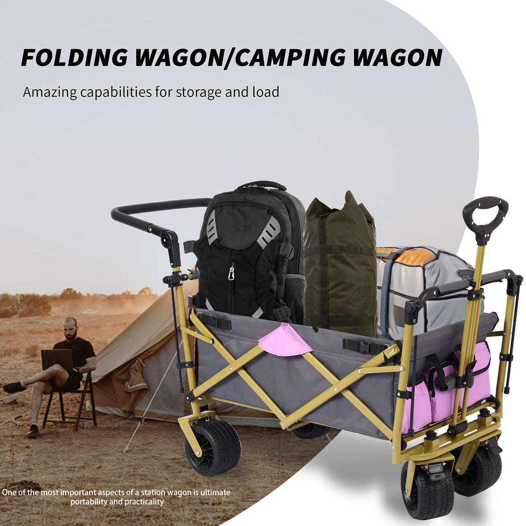 Collapsible Folding Wagon with Removable Canopy, Heavy Duty Foldable Wagon Utility Cart for Garden, Camping, Grocery Cart, Beach Wagon Cart with Wheels and Rear Storage, Camouflage