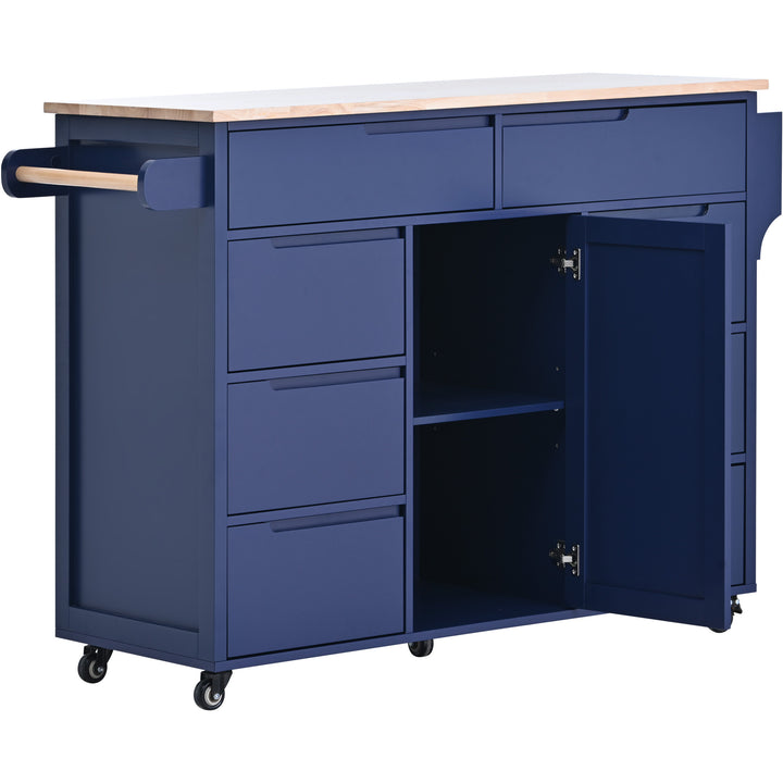 K&K Store Kitchen Cart with Rubber Wood Countertop , Kitchen Island has 8 Handle-Free Drawers Including a Flatware Organizer and 5 Wheels for Kitchen Dinning Room, Dark Blue