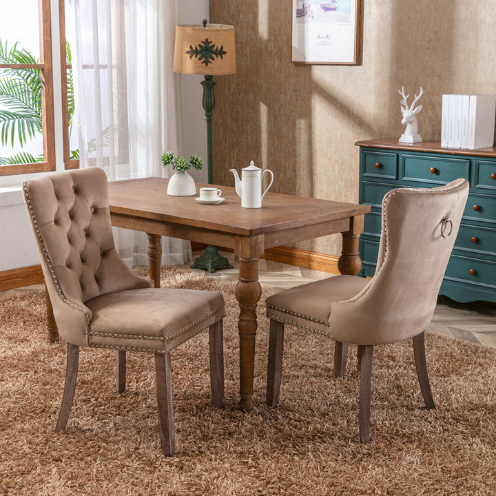 Nikki Collection Modern, High-end Tufted Solid Wood Contemporary Velvet Upholstered Dining Chair with Wood Legs Nailhead Trim 2-Pcs Set, Khaki, SW2001KK