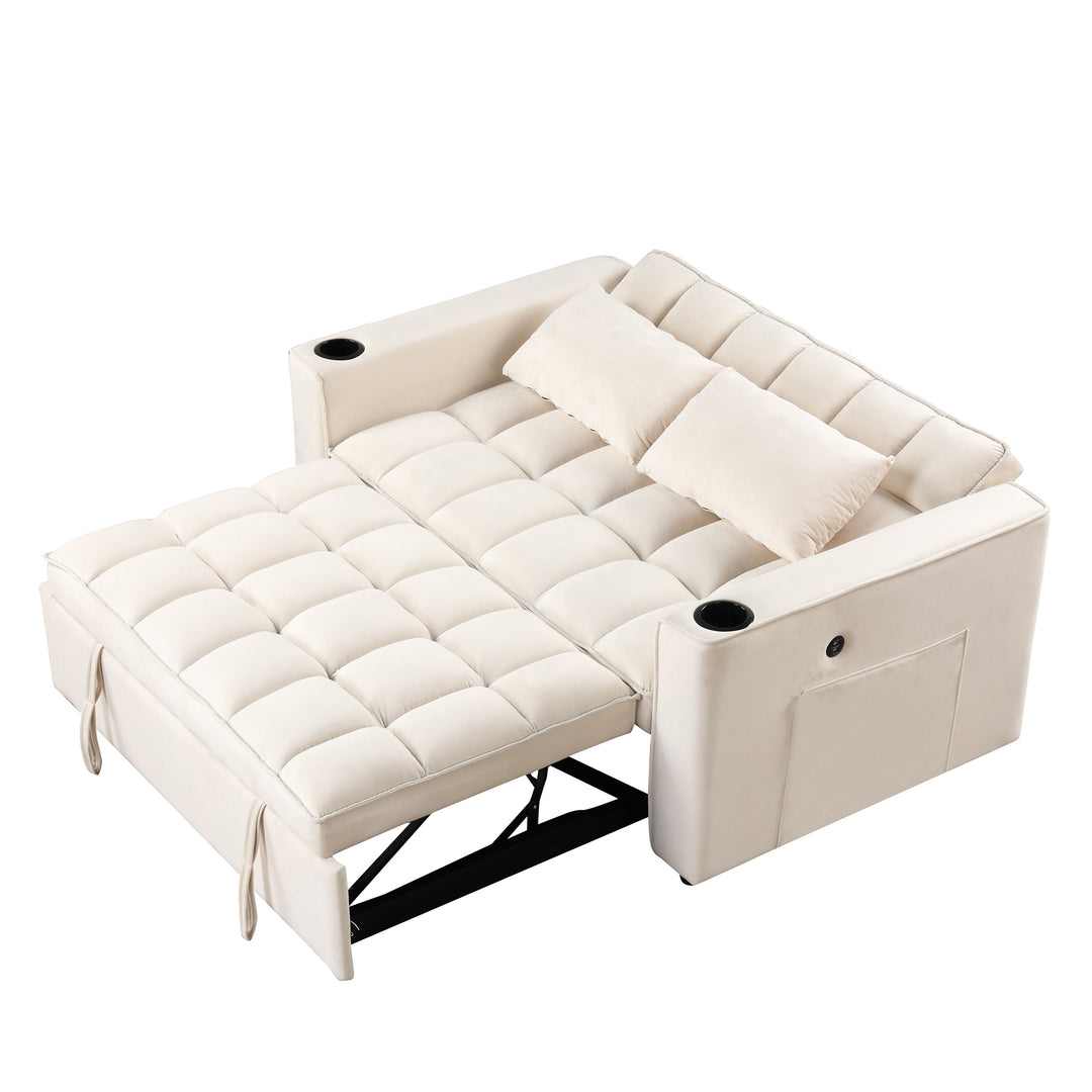 55.3" 4-1 Multi-functional Sofa Bed with Cup Holder and USB Port for Living Room or Apartments Milky White