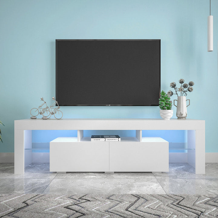 Modern White TV Stand, 20 Colors LED TV Stand w/Remote Control Lights