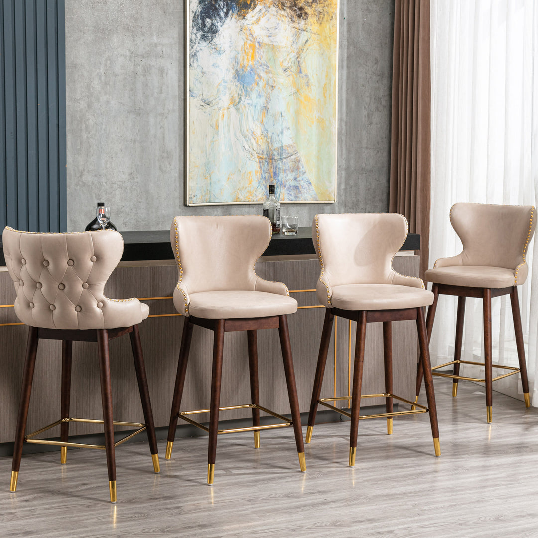 A&A Furniture,29.9" Modern Leathaire Fabric bar chairs, Tufted Gold Nailhead Trim Gold Decoration Bar stools,Set of 2 (Beige)