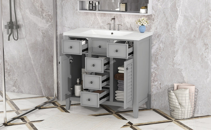 36" Bathroom Vanity with Ceramic Basin, Two Cabinets and Five Drawers, Solid Wood Frame, Grey (OLD SKU: SY999202AAE)