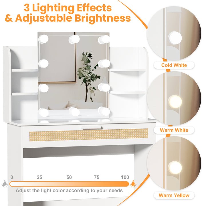 Vanity Desk Set Stool & Dressing Table with LED Lighting Mirror Drawer and Compartments Modern Wood Cosmetic Table Chest of Drawers White Color