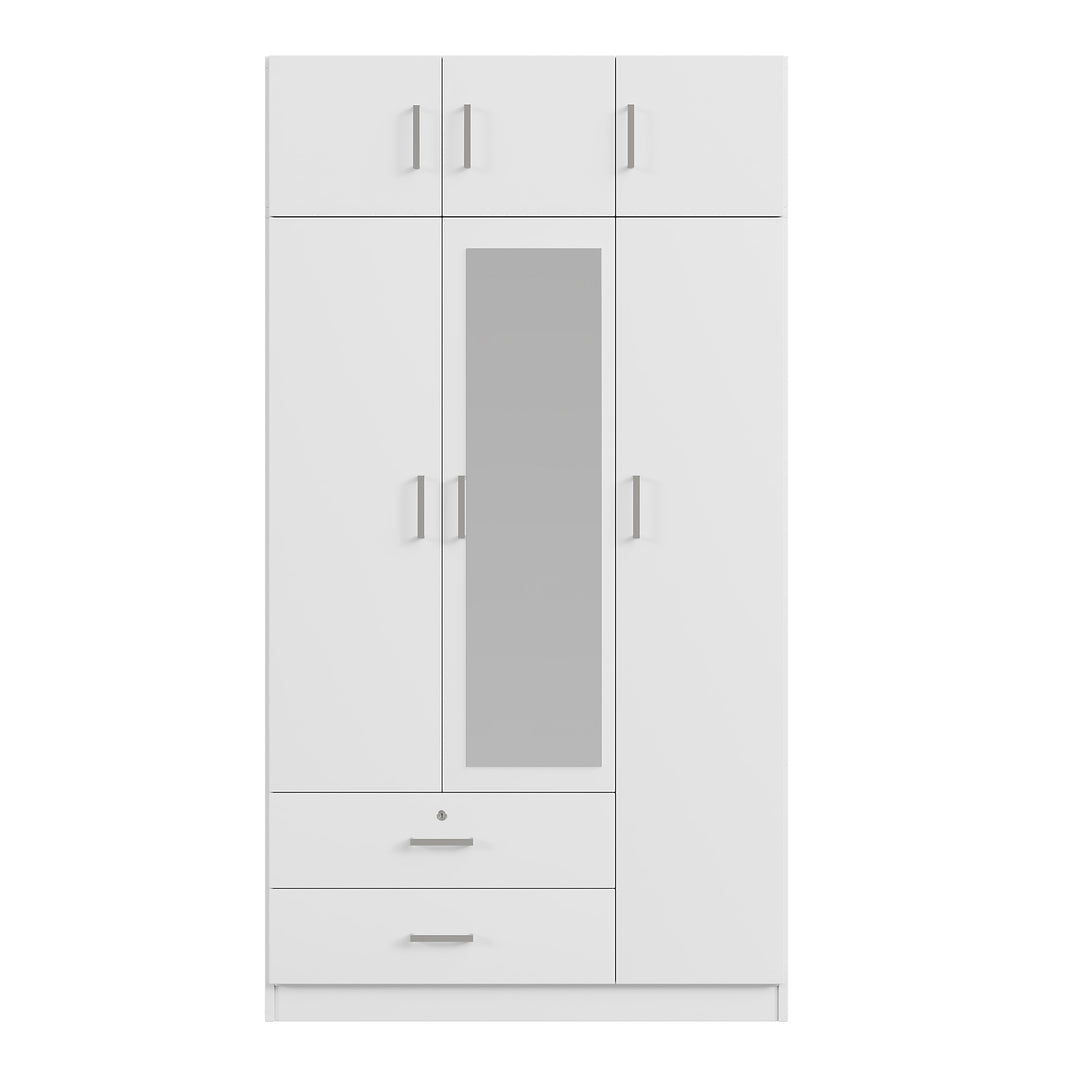 3-Door Mirror  Wardrobe with 2 Drawers and Top Cabinet,White