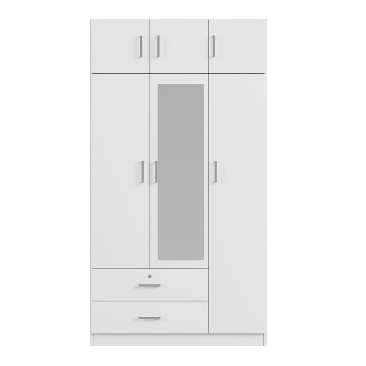 3-Door Mirror  Wardrobe with 2 Drawers and Top Cabinet,White