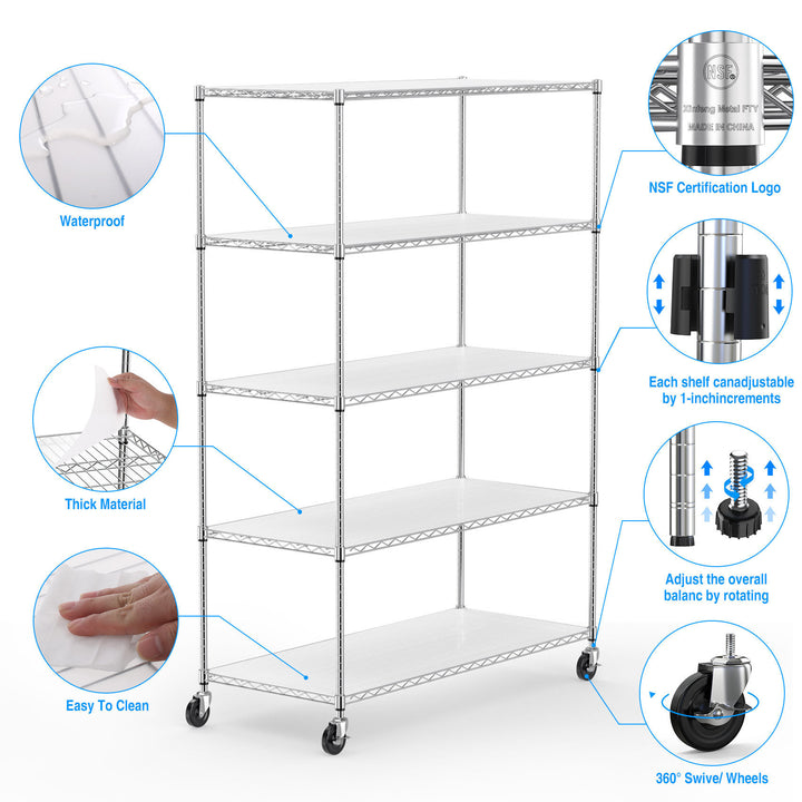 5 Tier 6000lbs Heavy Duty Adjustable Storage Rack Metal Shelf Wire Shelving Unit with Wheels & Shelf Liners - 82" H x 48" L x 24" D - Chrome