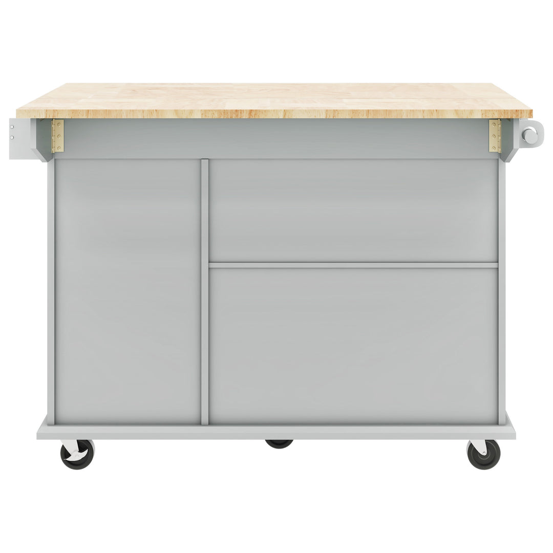 Kitchen Island with Drop Leaf, 53.9" Width Rolling Kitchen Cart on Wheels with Internal Storage Rack and 3 Tier Pull Out Cabinet Organizer, Kitchen Storage Cart with Spice Rack, Towel Rack (Grey Blue)
