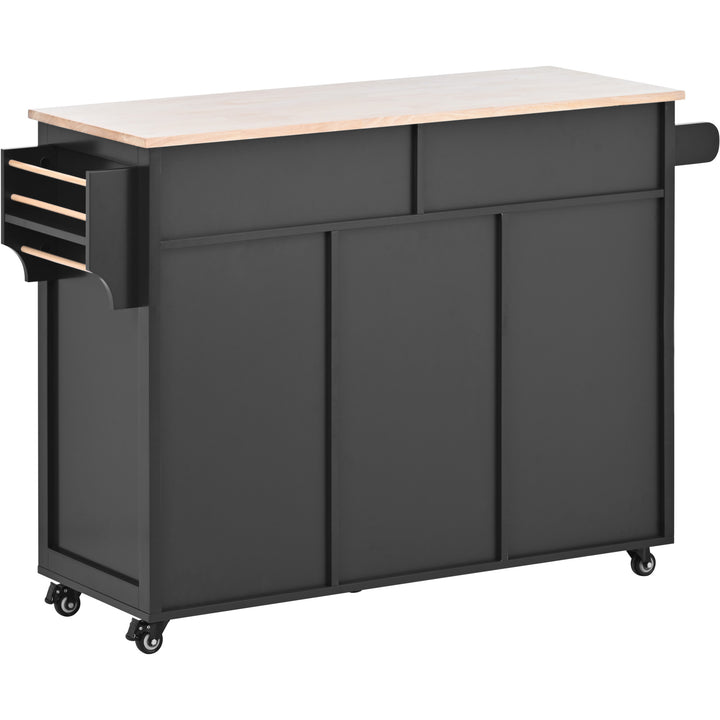 K&K Store Kitchen Cart with Rubber Wood Countertop , Kitchen Island has 8 Handle-Free Drawers Including a Flatware Organizer and 5 Wheels for Kitchen Dinning Room, Black