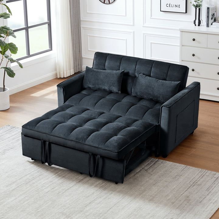 3 in 1 Convertible Sleeper Sofa Bed, Modern Pull Out Couch Bed, Adjustable Backrest, Velvet Loveseat Futon Sofa with Pillows & Pockets for Living Room Apartment, Black