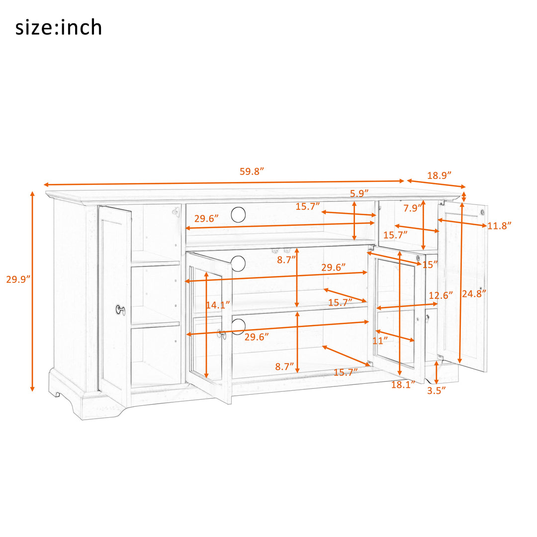 U-Can TV Stand for TV up to 65in with 2 Tempered Glass Doors Adjustable Panels Open Style Cabinet, Sideboard for Living room, White