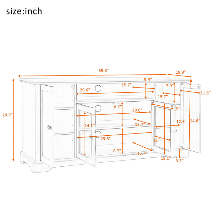 U-Can TV Stand for TV up to 65in with 2 Tempered Glass Doors Adjustable Panels Open Style Cabinet, Sideboard for Living room, White