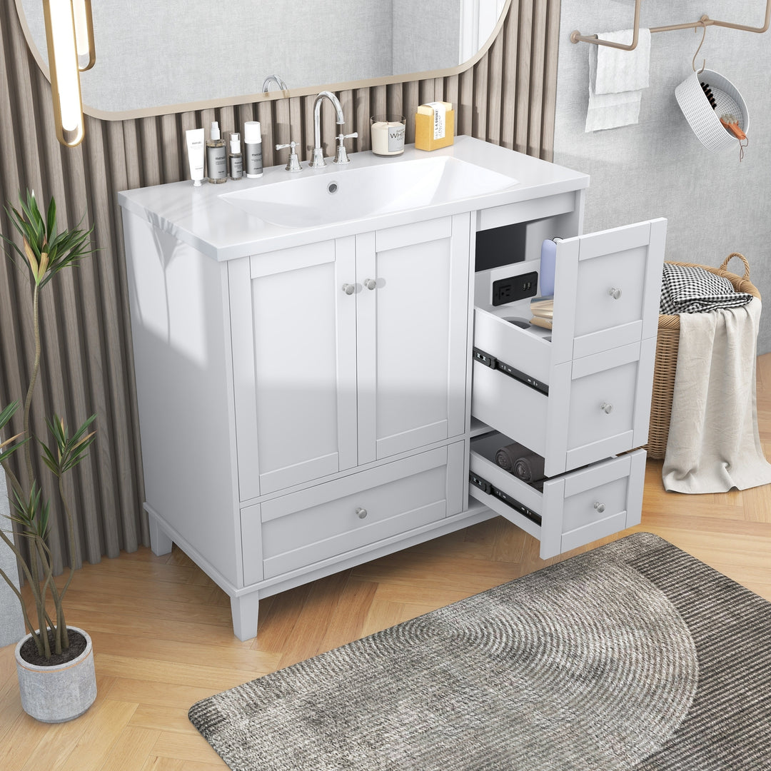 36 Inch Modern Bathroom Vanity with USB Charging, Two Doors and Three Drawers Bathroom Storage Vanity Cabinet, Small Bathroom Vanity cabinet with single sink , White & Gray Blue - Faucets Not Included