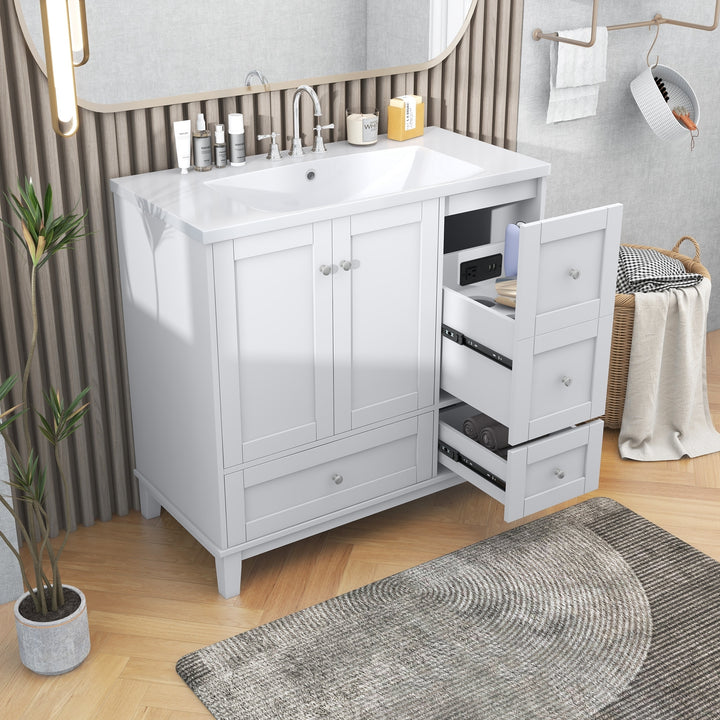 36 Inch Modern Bathroom Vanity with USB Charging, Two Doors and Three Drawers Bathroom Storage Vanity Cabinet, Small Bathroom Vanity cabinet with single sink , White & Gray Blue - Faucets Not Included