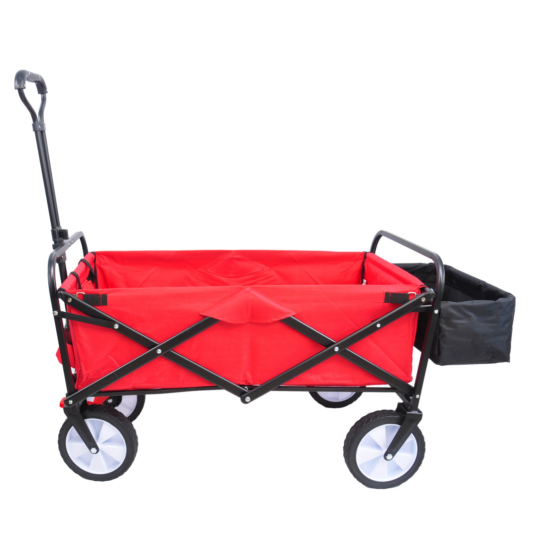 Folding station wagon garden shopping ATV with back frame and retractable handle.