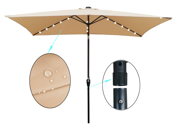 10 x 6.5t Rectangular Patio Solar LED Lighted Outdoor Market Umbrellas  with Crank and Push Button Tilt for Garden Shade Swimming Poo