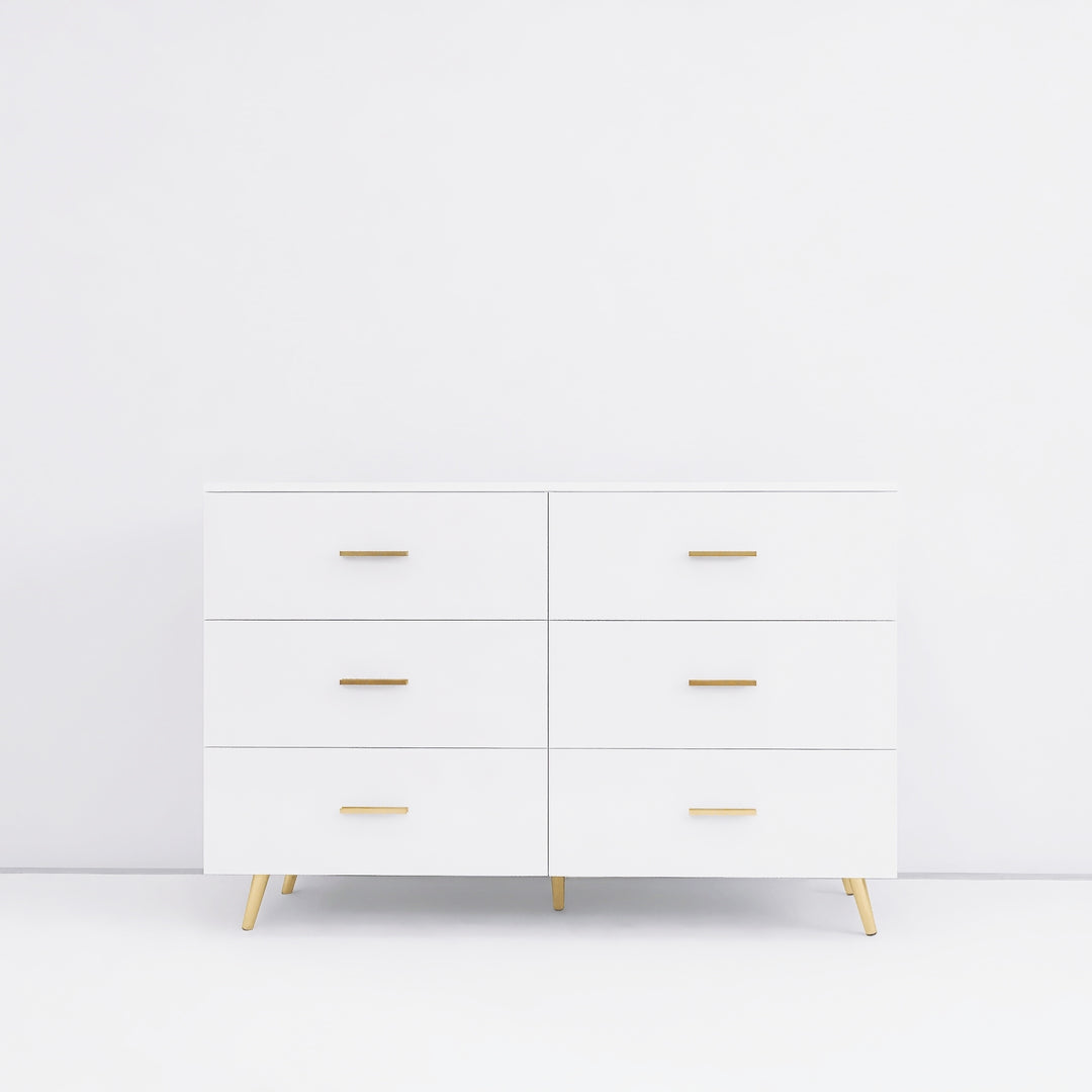 High Glossy Surface 6 Drawers Chest of Drawer with Golden Handle and Golden Steel Legs White Color Vanity