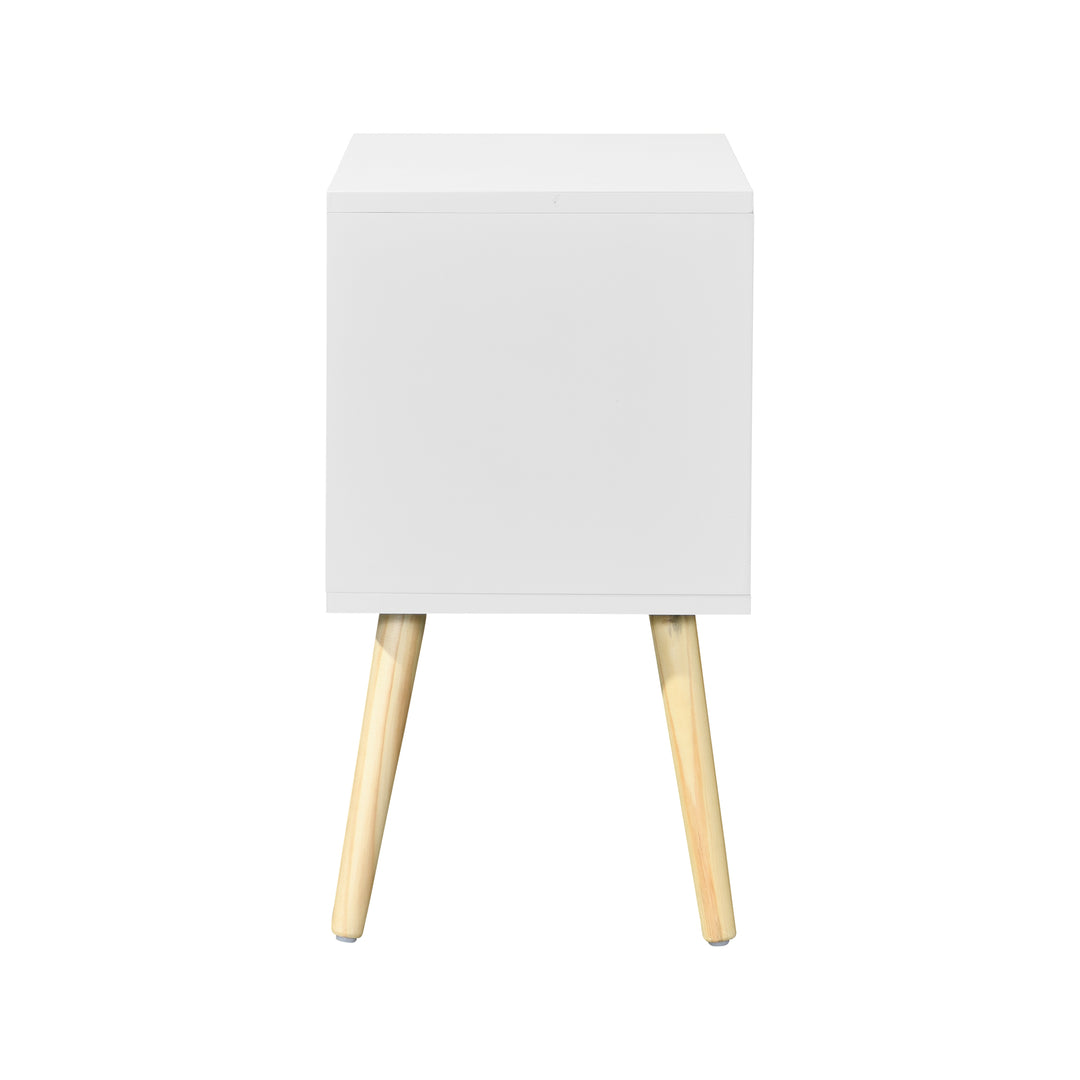 Side Table with 2 Drawer and Rubber Wood Legs, Mid-Century Modern Storage Cabinet for Bedroom Living Room Furniture, White