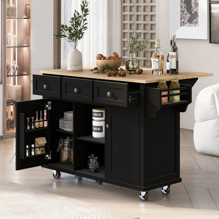 Kitchen Cart with Rubber wood Drop-Leaf Countertop ,Cabinet door internal storage racks,Kitchen Island on 5 Wheels with Storage Cabinet and 3 Drawers for Dinning Room, Black