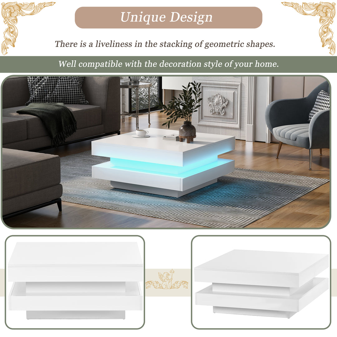 ON-TREND High Gloss Minimalist Design with LED Lights, 2-Tier Square Coffee Table, Center Table for Living Room, 31.5''x31.5''x14.2'', White