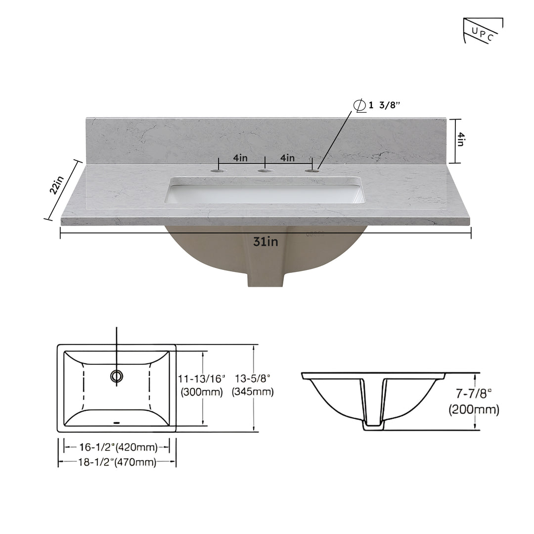 Montary 31 inches bathroom stone vanity top calacatta gray engineered marble color with undermount ceramic sink and 3 faucet hole with backsplash