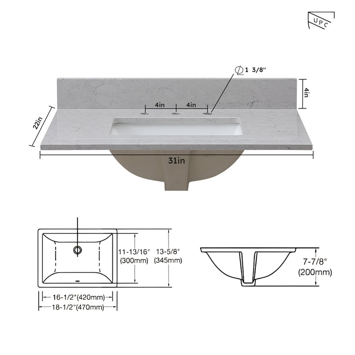 Montary 31 inches bathroom stone vanity top calacatta gray engineered marble color with undermount ceramic sink and 3 faucet hole with backsplash