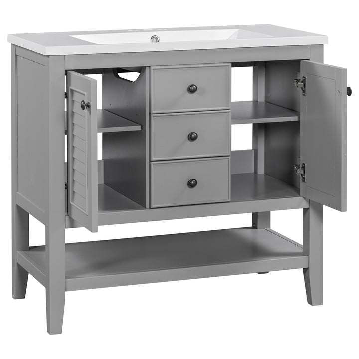 36" Bathroom Vanity with Ceramic Basin, Two Cabinets and Drawers, Open Shelf, Solid Wood Frame, Grey (OLD SKU: SY999101AAE)